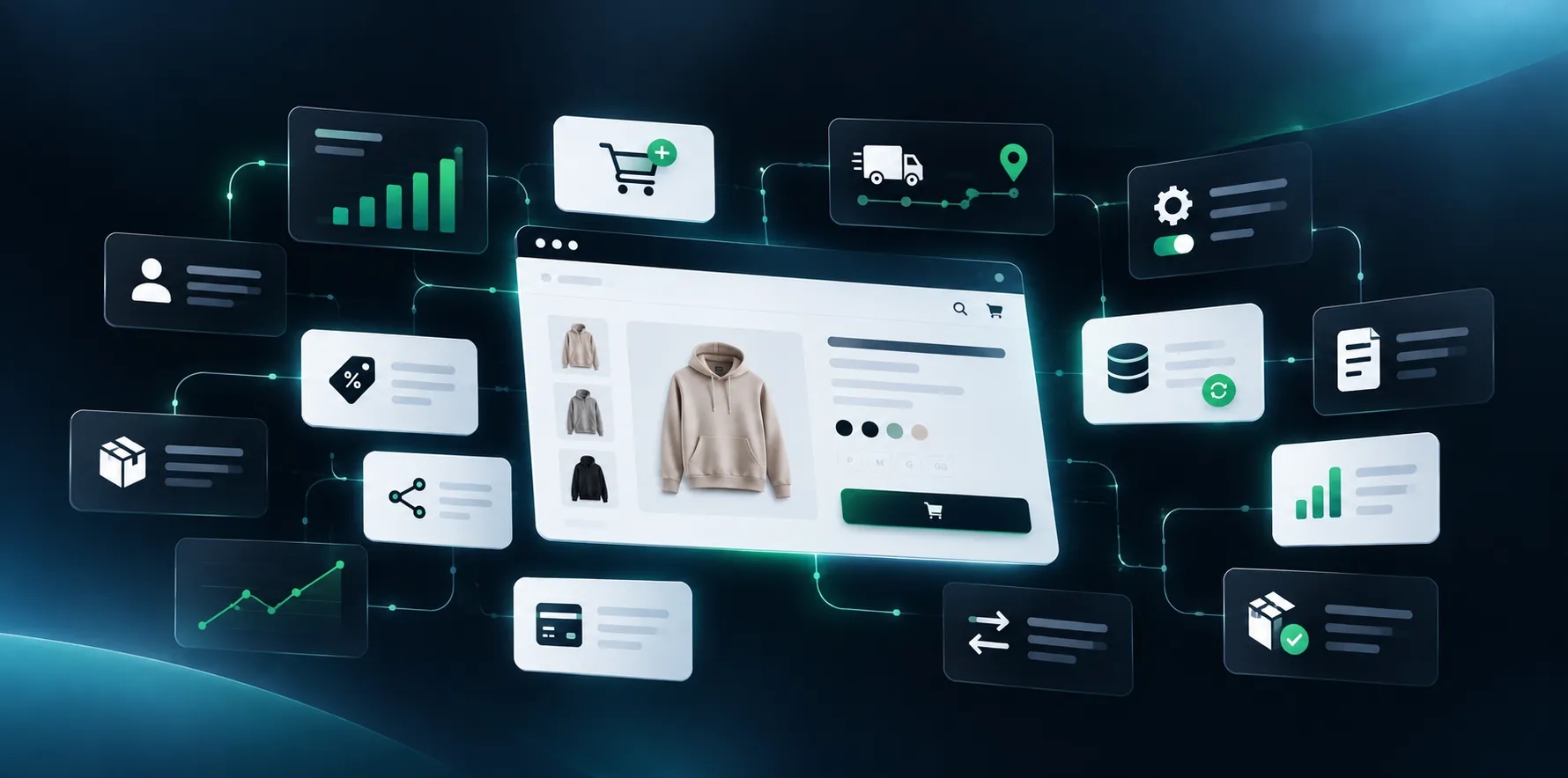 Illustration of an e-commerce store surrounded by connected modules — cart, shipping, payment, integration and reports — representing plugins and extensions that extend the operation.