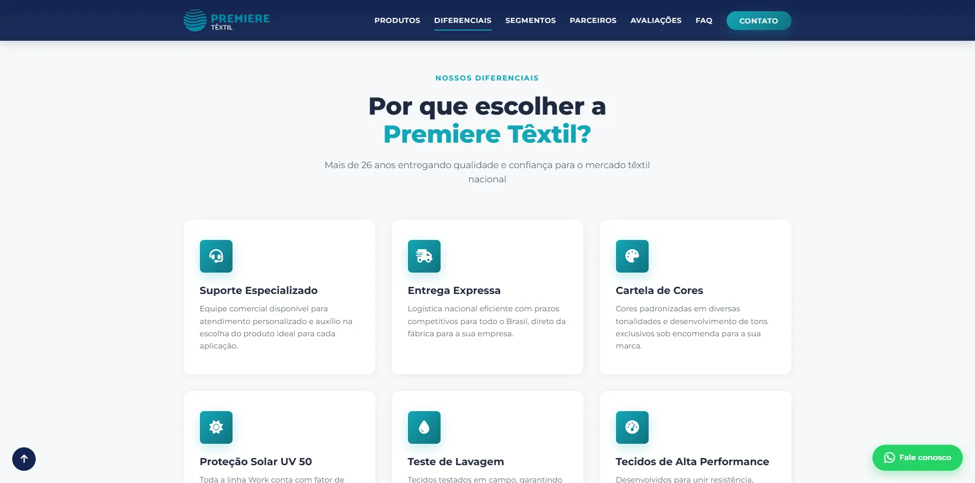 Seção de diferenciais da landing da Premiere Têxtil