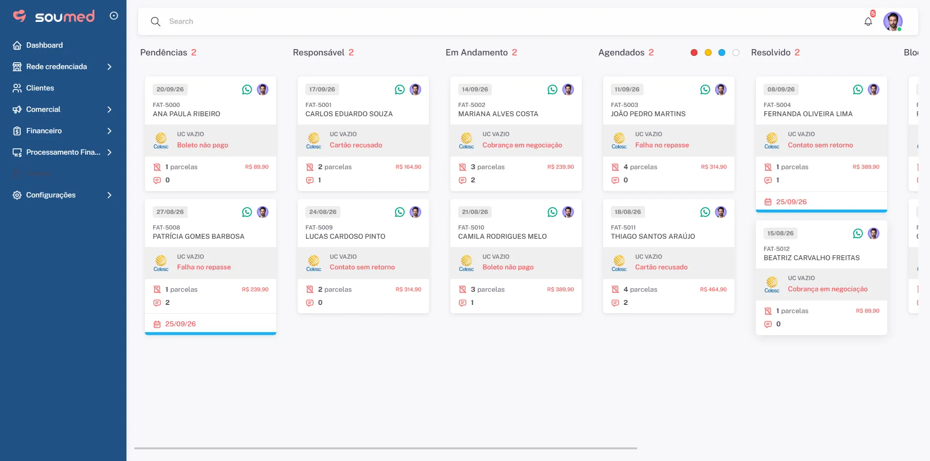Soumed overdue kanban, with status columns and billing cards