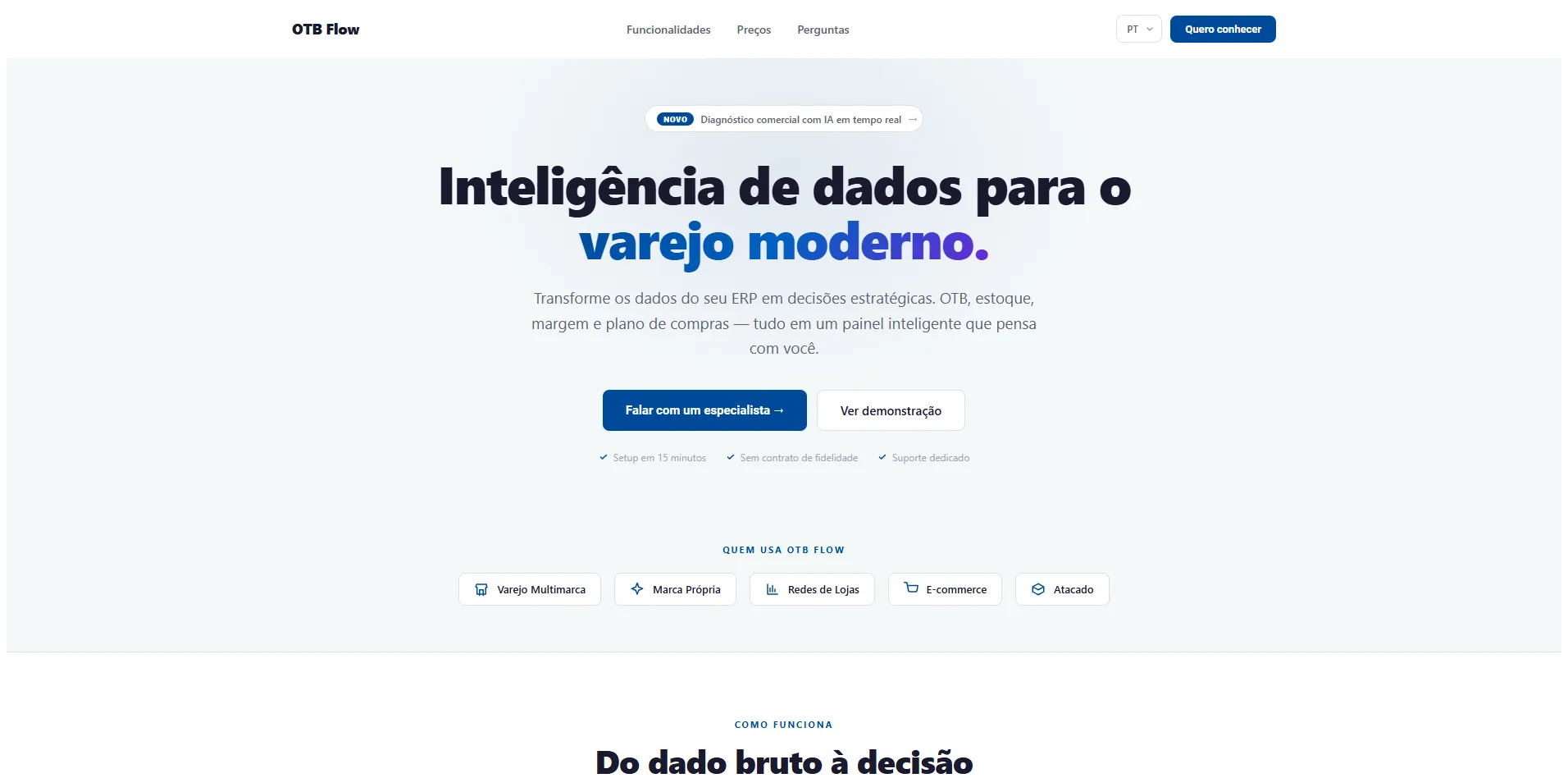 OTB Flow landing page with the headline 'Data intelligence for modern retail' and the retail segments that use the platform