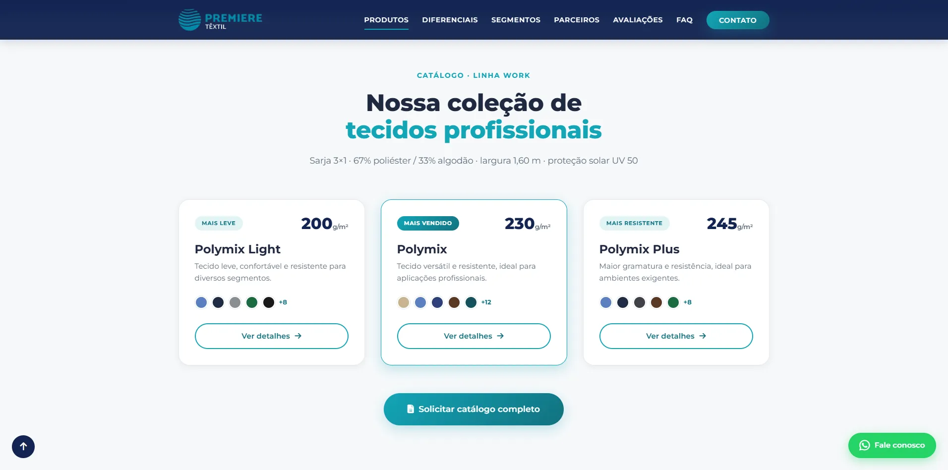 Seção de produtos da landing da Premiere Têxtil